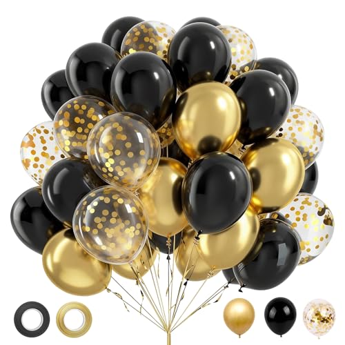 62 Peças balões pretos e dourados, 12 polegadas balões de aniversário com balões dourados, pretos, confetes dourados, fita para decoração de aniversário EID batizado aniversário, graduação, ano novo