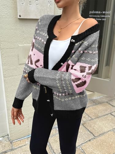 Saodimallsu Womens Button Up Cardigan Sweaters Crew Neck Vintage Fair Isle Long Sleeve Warm Knit Christmas Sweater Coats3