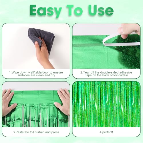 Image of Voircoloria 2 Pack Laser Green Tinsel Foil Fringe Curtains, Green Party Decorations, Metallic Tinsel Party Streamers Backdrop for Birthday Baby Shower St Patrick's Day Christmas Party Decorations