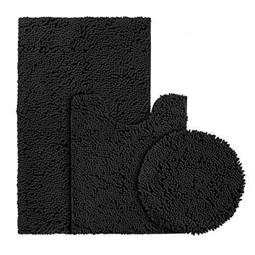 BYSURE Black Bathroom Rug Set 3 Piece, Bath Rugs Toilet Rugs and Mats Sets, Extra Absorbent Shaggy Chenille Bathroom Mat Set Soft & Dry Bathroom Rugs Sets and Mats Sets Non Slip Washable Rugs