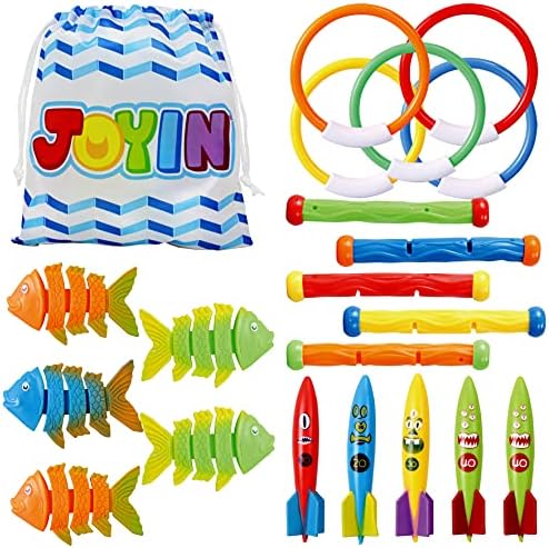 JOYIN 20 Pcs Diving Pool Toys Set with Storage Bag Includes 5 Diving Sticks, 5 Diving Rings, 5 Toypedo Bandits, 5 Diving Fish Toys, Underwater Sinking Swimming Pool Toy for Kids