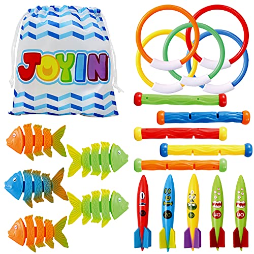 JOYIN 20 Pcs Diving Pool Toys Set with Bonus Storage Bag Includes 5 Diving Sticks, 5 Diving Rings, 5 Toypedo Bandits, 5 Diving Fish Toys, Underwater Sinking Swimming Pool Toy for Kids