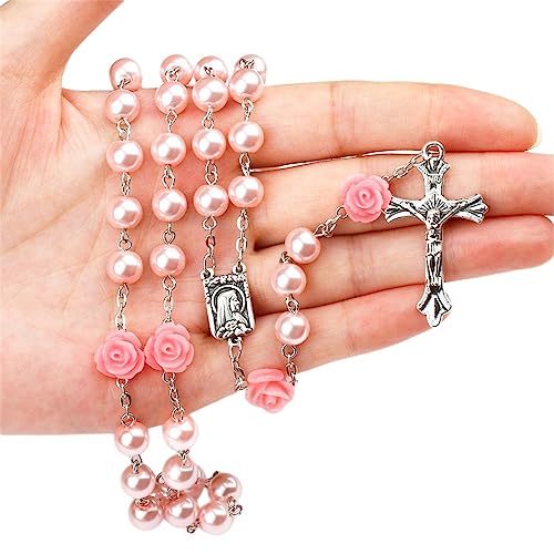 Rosary Beads Catholic for Women Rosaries Catholic Bulk Pearl Necklace with Jesus Christ Crucifix Cross First Communion Confirmation Gifts White, Pink, Black, Red, Purple, Royal Blue4