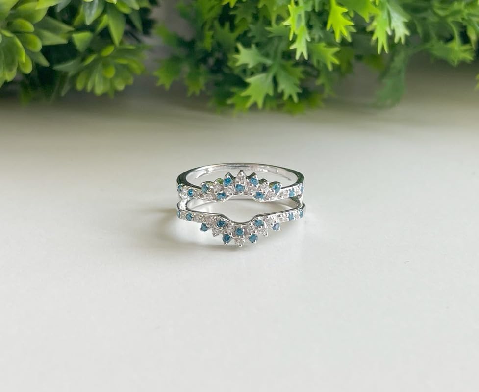 Round Cut Blue Topaz & White Diamond Enhancer Guard Wedding Band For Women, 14k Gold Finish Wrap Ring, ladise Topaz & Diamond Contour Curve Matching Wedding Band