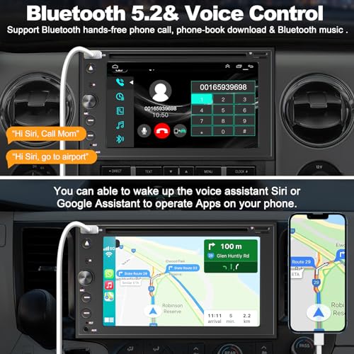 Image of Double Din Car Stereo with CD /DVD Player Apple Carplay & Android Auto, 7 Inch Car Radio with Bluetooth and Backup Camera, Touch Screen, Mirror Link, Steering Wheel Control, USB /TF /AUX Input, AM /FM