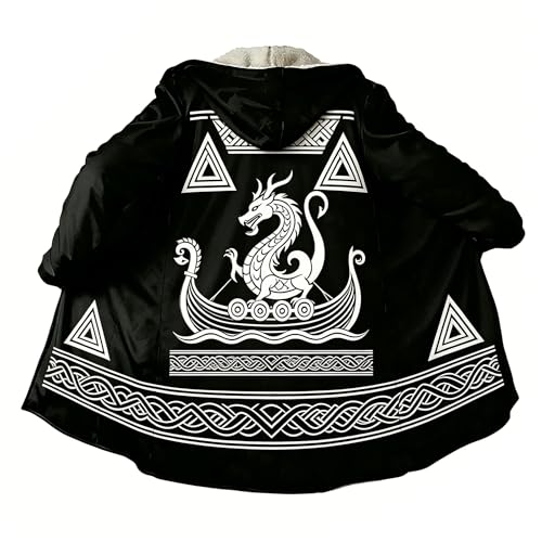 Image of Viking Mythology Mens Hooded Cloak Nordic Faux Cashmere Hoodie Winter Warmer Overcoat Mid-Length Parka Jacket