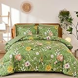 Yiran Sage Green Hibiscus Floral Comforter Set Queen Size, 7 Piece Bird Flowers Botanical Comforter Bedding Set, Vintage Bed in a Bag, Soft Microfiber Complete Bedding Set with Sheets for All Season