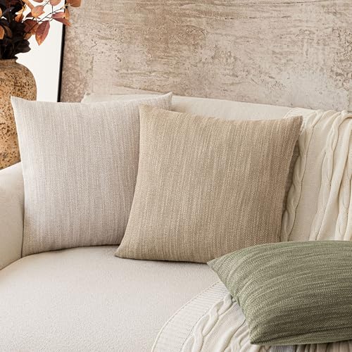 Image of Foindtower Set of 2 Decorative Textured Burlap Linen Throw Pillow Covers Farmhouse Boho Cushion Cover Solid Accent Pillowcase for Couch Sofa Bed Living Room Home Decor,18x18 Inch,Camel