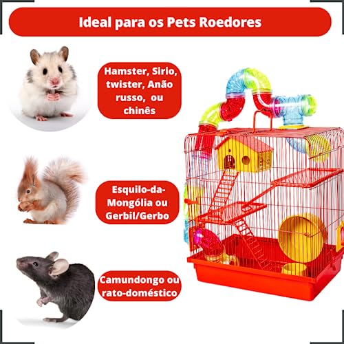 Gaiola Hamster Super Luxo Labirinto 3 Andares Vermelha