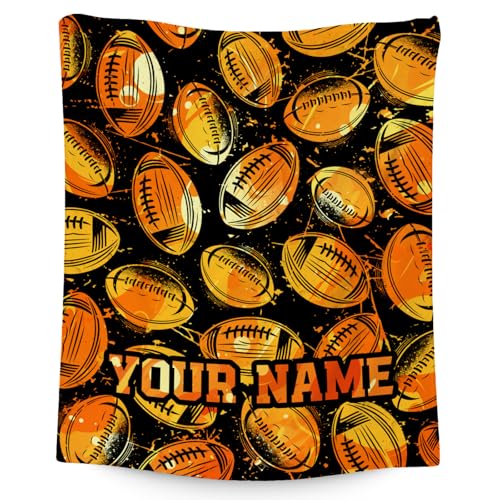 Custom Football Blanket for Boys, Cozy Soft Throw Blankets, Cool Orange Flannel Throw Gifts for Couch Sofa, 40x50 Inches