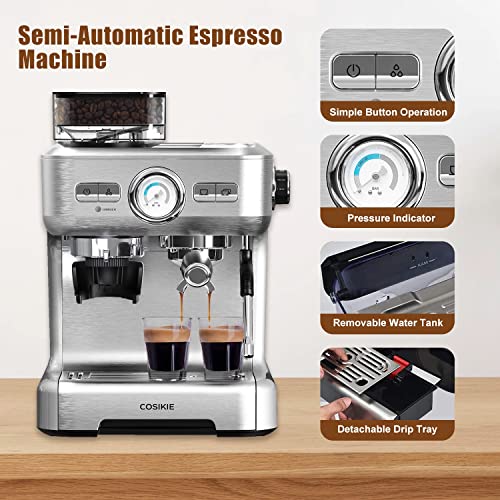 Espresso Machine With Grinder, Semi Automatic Espresso Machine With Steamer Milk Frother, Cosikie All In One Espresso Coffee Machines 20 Bar, Home Barista Cappuccino Coffee Maker, Gifts For Her Or Him #TOP3