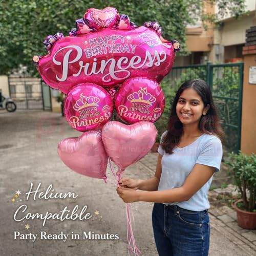 Image of Propsicle Pink Princess Foil Balloon Pack of 5, 32 Inch Crown Foil Balloon, 18 Inch Princess Printed Round x2, 18 Inch Heart Shape x2, Kids Girls Birthday Decoration Supplies