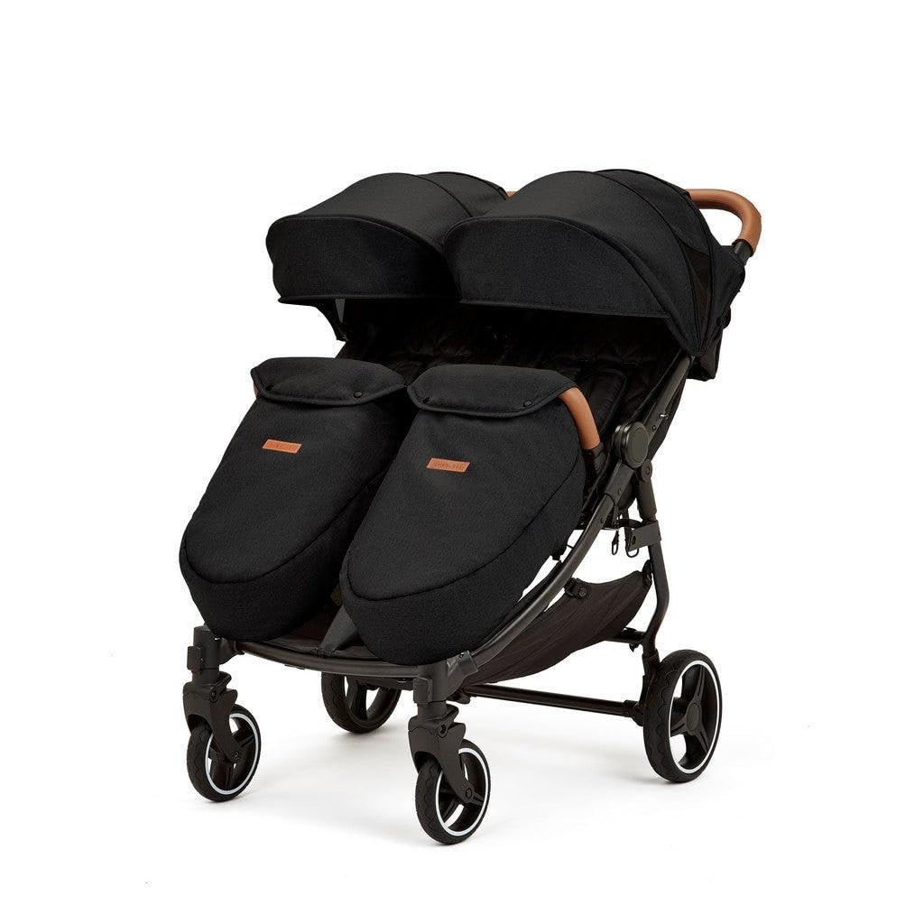 Ickle Bubba Venus Prime Poussette double légère et pliable avec cocon nouveau-né, 2 repose-pieds matelassés et housse de pluie, convient de la naissance à 15 kg (environ 3 ans*) (Noir)