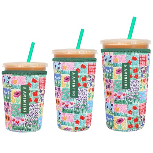Image of 3 Pack Reusable Sleeve for Iced Coffee Cup, Coffee Neoprene Sleeve for Iced&Hot Drinks, Coffee Sleeve Compatible with Starbucks, Dunkin Coffee Cup. (Green Garden)