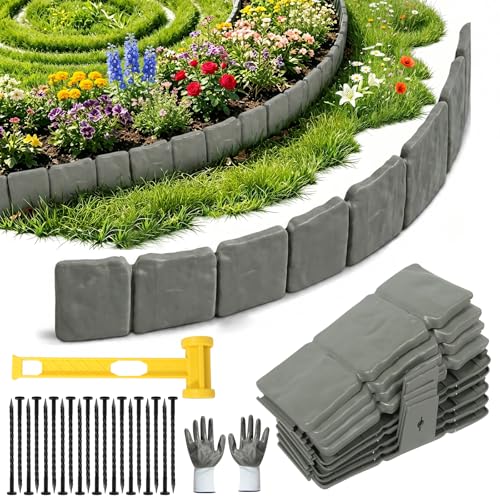 20 Stück Beeteinfassung Kunststoff Set mit Hammer und Handschuhe 5 m Rasenkante Kunststoff mit Steinoptik Blumenbeet Umrandung für Blumenbeete und Rasenkanten (Grau)