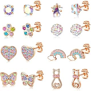 ORAZIO 8 Pairs Hypoallergenic Earrings Studs For Women Girls 316L Stainless Steel Multicolored Cubic Zirconia Heart Flower Turtle Pearl Butterfly Stud Earrings Set
