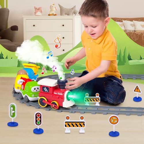 Image of Electric Train Set for Toddlers 3-5 4-8 with Train Tracks Set Lights Up Steam Sign Realistic Music Sound Magnetic Train Connection Toys Birthday 3 4 5 6 7 8+ Years Old Boy Toys Girl
