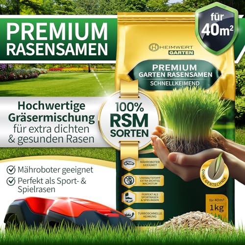 Heimwert Rasensamen schnellkeimend Frühling und Sommer All Saison - Grassamen - Rasensamen Sport und Spiel aus hochwertigster Gräser Mischung empfohlener RSM Sorten 1kg für 40m2 Made in Germany (1kg)