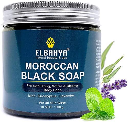 2 in 1 Pack Moroccan Black Soap & Exfoliating Mitt Glove, With Olive, Peppermint & Eucalyptus Essential Oil 10.58 oz / 300g