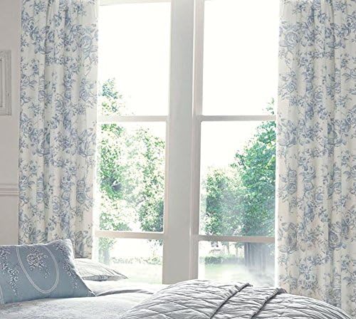 FLORAL TOILE ROSE BLUE 66X72โ 168X183CM COTTON BLEND LINED PENCIL PLEAT CURTAINS DRAPES