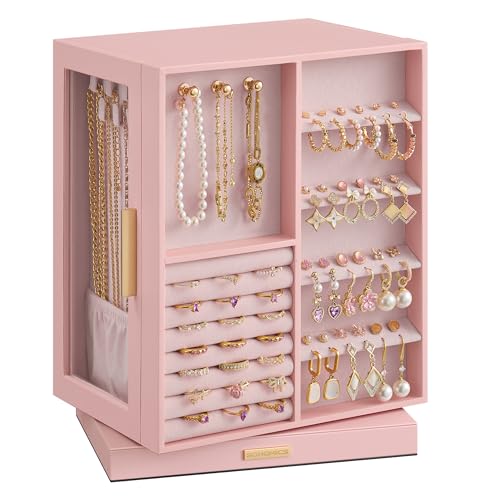 SONGMICS Jewellery Box 360° Rotating, Jewellery Organiser with 5 Drawers, Jewellery Display Case, Glass Window, Spacious, Vertical Jewellery Storage, Open Design, Great Gift, Jelly Pink JBC170R01