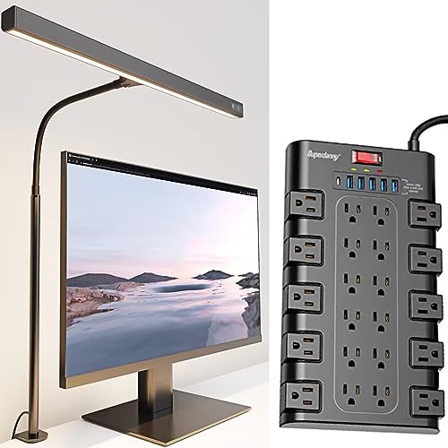 SUPERDANNY Large Power Strip Surge Protector with LED Desk Lamp for Home Office Gaming Room, Black