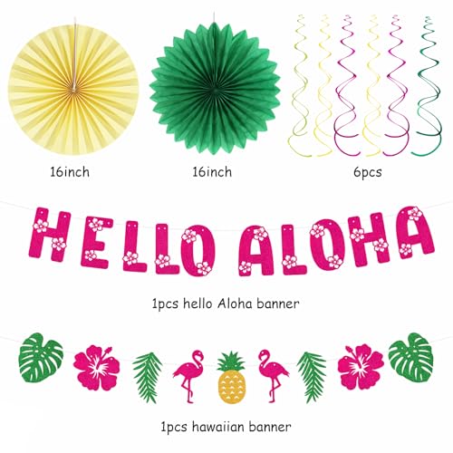 Image of Hawaiian Aloha-Luau Flamingo Party-Decorations Supplies - 21pcs Hello Banner,Pool Paper Lanterns Honeycomb,Beach Theme Streamers Garland,Tissue Pom Poms Flowers Fan,Tropical Summer Tiki Decor Burgleda