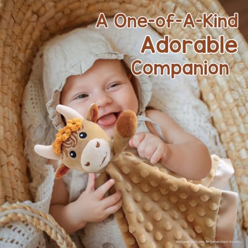 Image of Baby Security Blanket, Soft Baby Lovey Toy Blanket for Girls, Snuggle Toy Lovie Newborn Gift, 2PCS Babies Blankie Girl Highland Cow 16 Inch