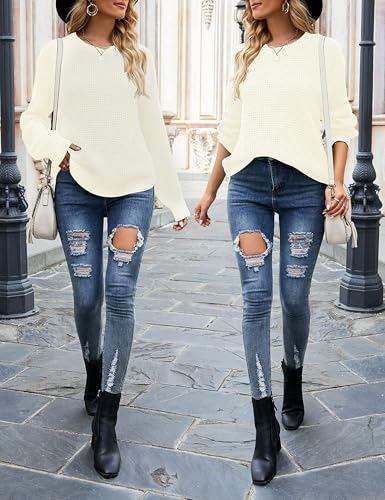 Image of MEROKEETY Women's Fall Long Sleeve Waffle Knit Oversized Sweater | Fall Fashion, Crew Neck, Tunic, Dressy Casual, Trendy, Cute, Pullover Tops, Long Lantern Sleeves, Loose Fit, Drop Shoulder