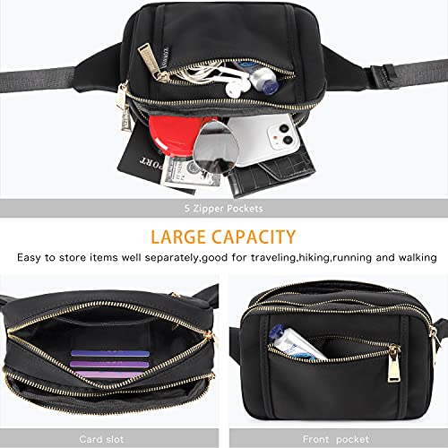 Zorfin Fanny Packs For Women Men, Belt Bag With 5 Zipper Pockets, Fashion Waist Pack Crossbody Bag With Adjustable Belt For Travel/Shopping/Hiking/Running/Cycling (Black) #TOP3