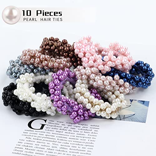 Dizila 10 Pack Stretchy Glitter Sparkly Pearl Hair Scrunchies Bands Beaded Hair Ties Elastics Ponytail Holders Fancy Hair Ropes Hairbands Accessories For Women Girls Multi-Colored #TOP2