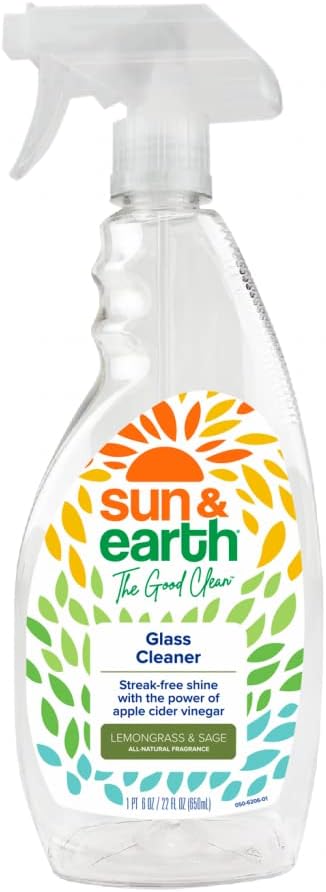 Glass Cleaner Spray by Sun & Earth, 22 fl oz, All Natural Lemongrass & Sage Scent, Streak Free Shine, Plant Based Ingredients, No Preservatives, Phosphates, Parabens or Sulfates