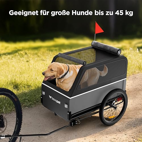 Trevopet® Hundeanhänger für Fahrrad XL – Faltbarer Hundefahrradanhänger mit Rampe, Federung & Kupplung – Fahrradanhänger Hunde bis 45 kg – Wasserdicht – Kompatibel mit E-Bikes – Grau