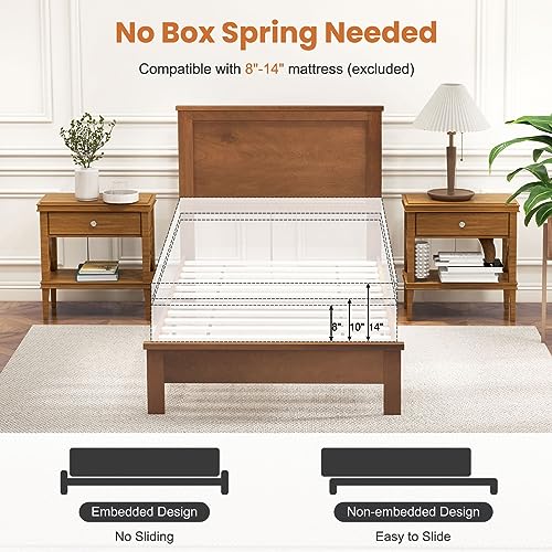 Image of GIANTEX Wood Twin Bed Frames with Headboard, Mid Century Platform Bed Frame with Solid Wood Legs & Wooden Slat Support, Twin Bed Frames for Kids Adults, Walnut Bed