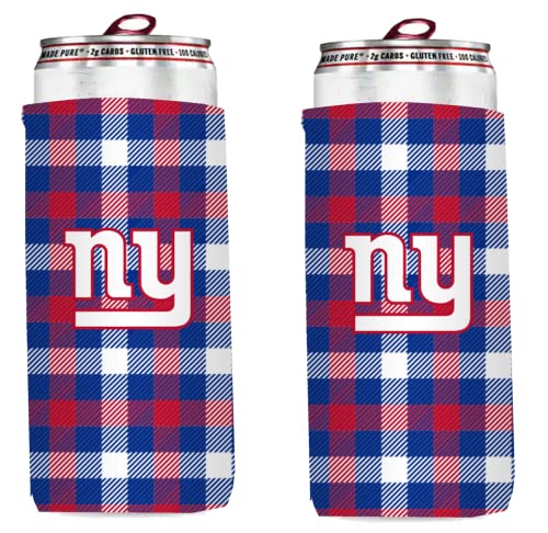Football 12oz 2-Pack Slim Skinny Can Holder Insulator Beverage Huggie Cooler Coozies (New York (Giants) - Plaid Collapsible)