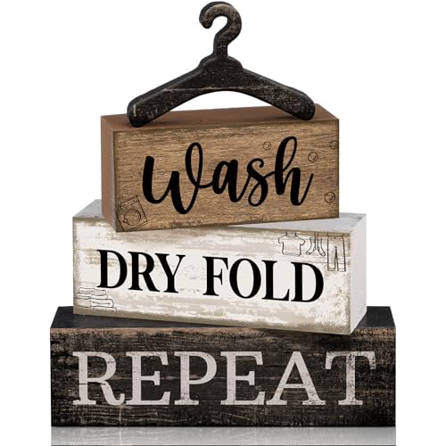 Image of Moucuny 4 Pcs Farmhouse Laundry Room Decor Stacked Blocks, Wash Dry Fold Repeat Wooden Sign Set with Vintage Hanger - Rustic Home Shelf Decor for Laundry Area Housewarming Gift