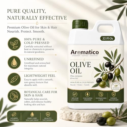 Image of AROMATICO Olive Oil for Skin, Hair and Body Care, Multipurpose Carrier Oil for Massage, Scalp Care, Dry Skin Routine, DIY Beauty and Natural Glow - 946 ml