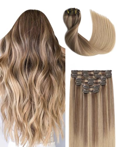 Sindra Extension Clip Cheveux Naturel Brun Doré Mixte Miel Doré 55cm 120g 6pcs Extension Cheveux Naturel Clip Cheveux Humains Vrais Cheveux...