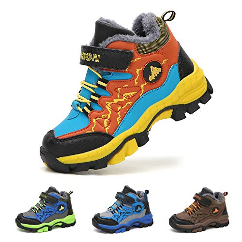 Bandkos Botas de invierno para niños, botas de senderismo, botas para niños con forro cálido, botas para nieve, camping, antideslizantes, color azul, negro y verde, tallas 30-40 EU, naranja, 40 EU Cover