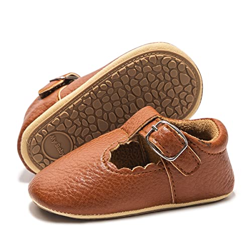 HsdsBebe Zapatos Oxford de piel sintética con suela de goma suave antideslizante para niños y niñas, botines para caminar, mocasines, J/Marrón, 6-12 Months Infant