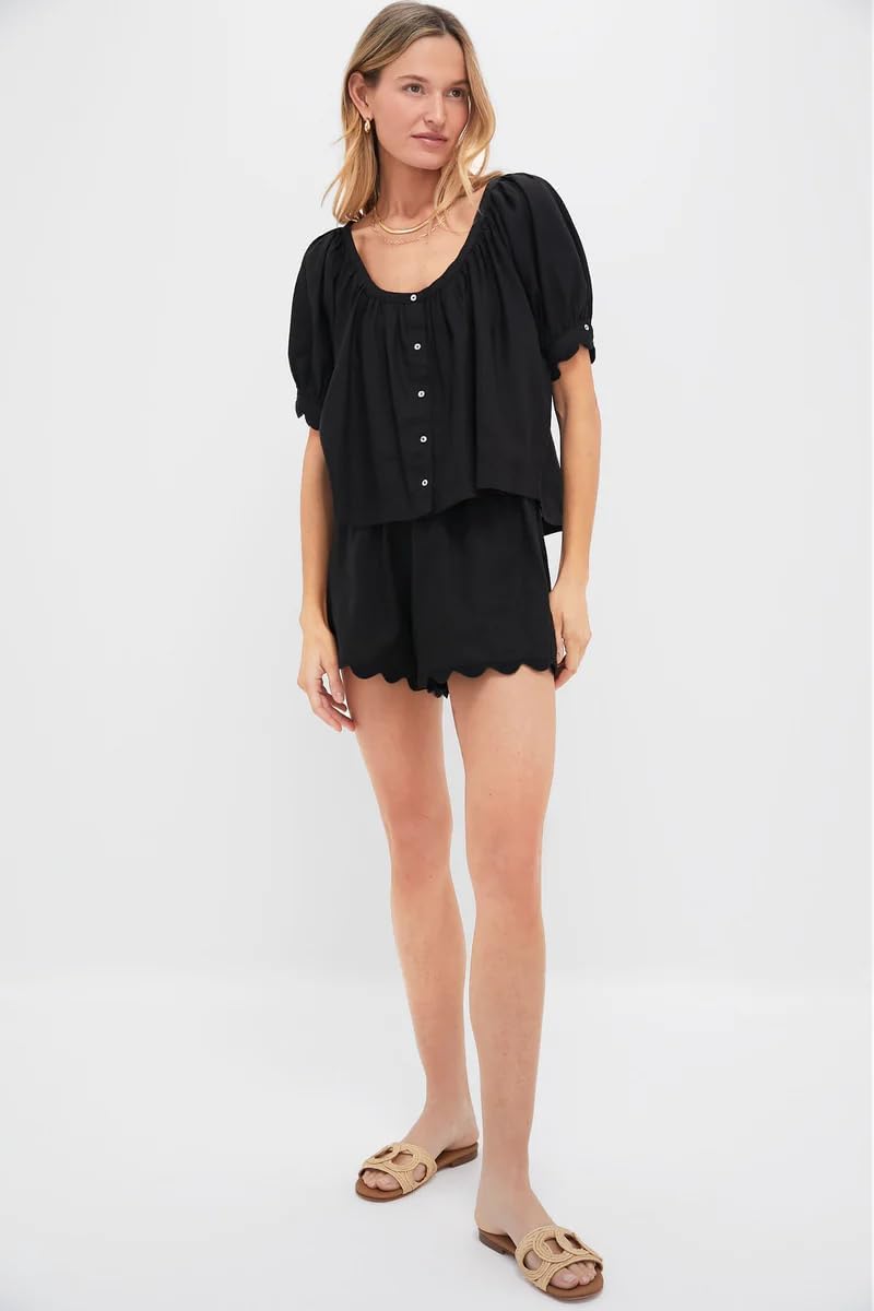 VAOYIU Women's Casual Elegance Two-Piece Linen Outfit Set with Scalloped Hem Summer Round Neck Puff Short Sleeve Top (Black-L) - Image 2