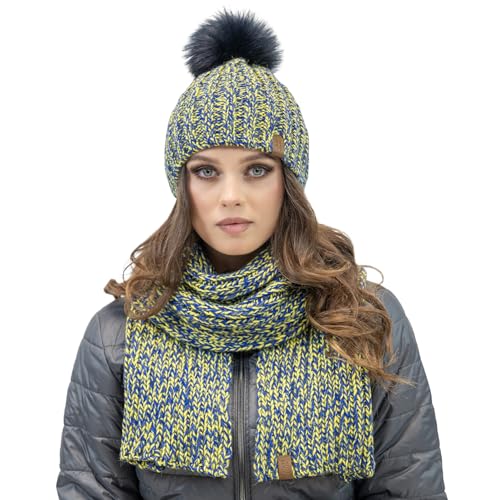 VIVISENCE Trendiges Damen Winterset Aus Weicher Mütze Mit Bommel Und Langer Schal Aus Zweifarbigem Garn Mit Antistatischem Futter Für Optimalen Schutz Vor Kälte Ideal Für, Gelb,Einheitsgröße