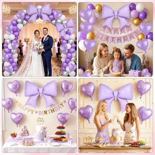 Image of 12 Pcs 18 Inch Heart Balloons and 38 Inch Bow Balloons, Large Foil Bow Heart Balloon Bow Party Decorations for Birthday Baby Shower Valentines Wedding Party