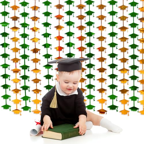 Image of Mega-L 2026 Graduation Party Decorations, 2 Pack Green and Gold Streamer | 3.3x6.6 ft Foil Fringe Curtain, Graduation Photo Booth Prop Streamer Backdrop for High School College University Party