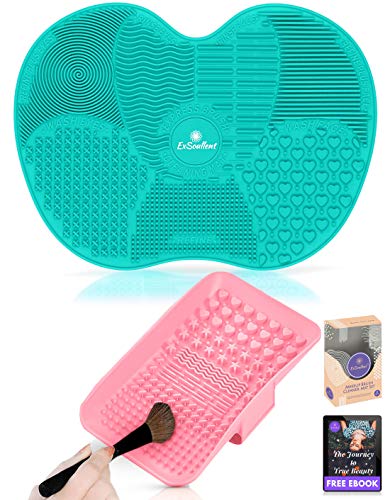 ExSoullent Makeup Brush Cleaner Mat - Set of 2 Silicone Portable Brush Cleaning Pads with Strong Suction Cups and Hand Strap, Perfect Gift for Her + eBook…
