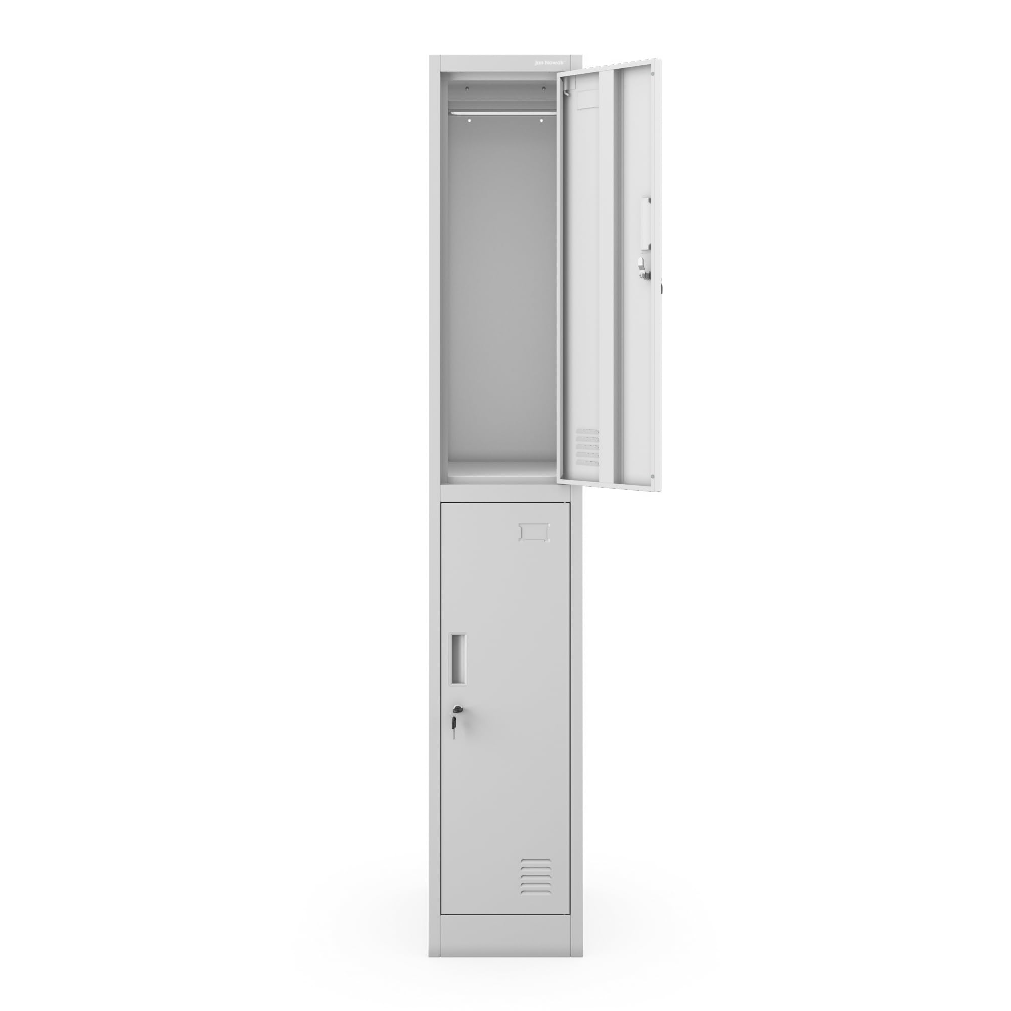 Jan Nowak Spind Schließfachschrank Metall, 2 Fächer, 32 x 185 x 45 cm | Sozialschrank mit Kleiderstange, Lüftung, Etikettenhaltern, 4 Schlüsseln, Stahl 0,6 mm, Wandmontage, robust für Umkleideraum