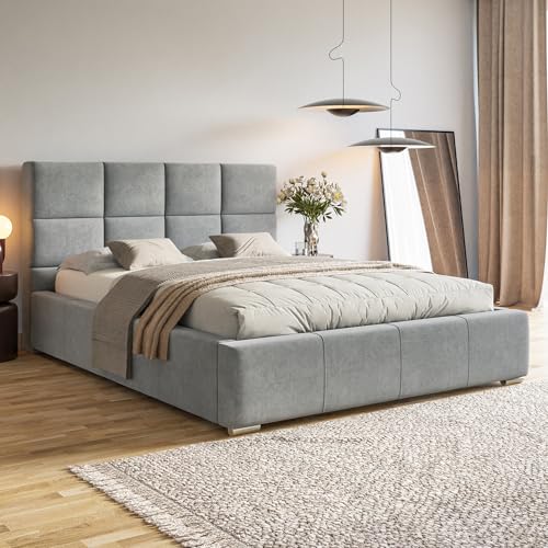 MOTIVENA Luna Bett 200x200 Grau Samt, mit Stauraum, mit Kopfteil, mit Lattenrost, mit Füßen, ohne Matratze, Polsterbett 200x200 mit Bettkasten Grau (Hellgrau)