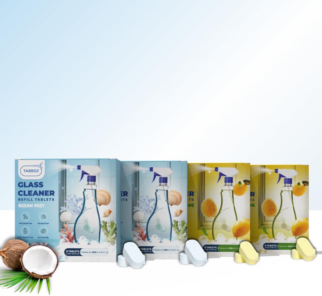 Glass Cleaner Refill Tablets | Plant-Based Streak-Free Window & Mirror Cleaner | Non-Toxic & Eco-Friendly Cleaning Solution | Plastic-Free Packaging | Assorted - Pack of 32