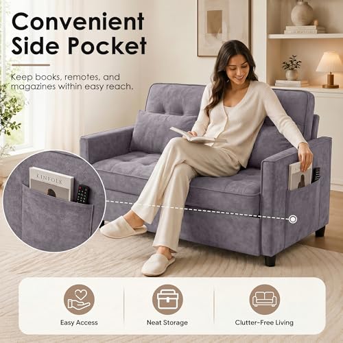 Image of Dreamzie 55'' 3 in 1 Convertible Sofa Bed with USB Charging Ports, Pull Out Couch with Adjustable Backrest and Side Pockets, Sleeper Sofa for Living Room, Apartment, RV, Easy Assembly - Grey