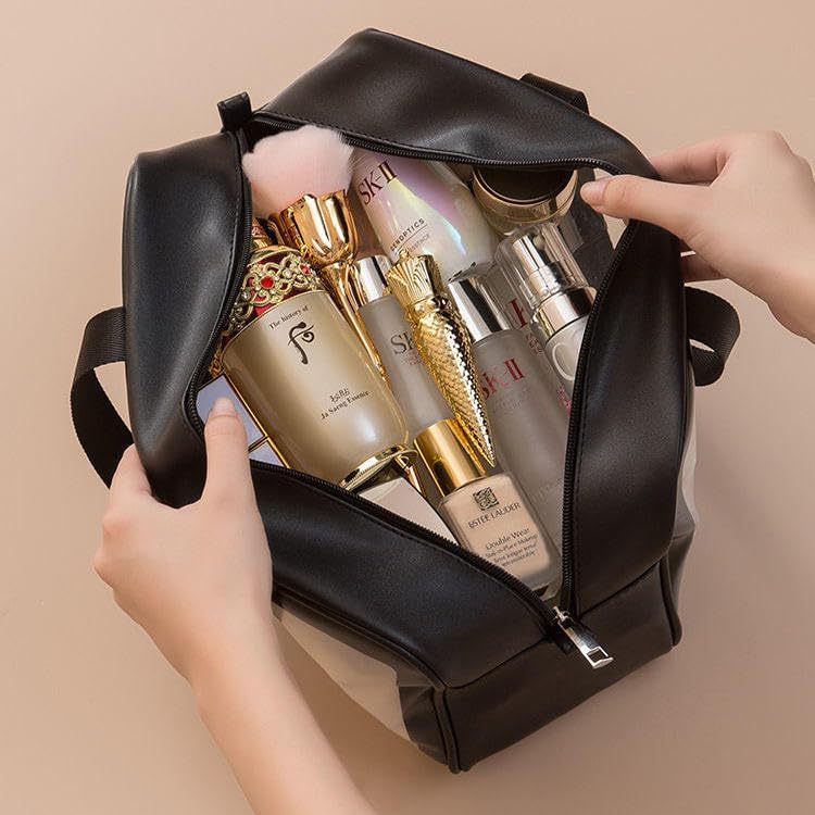 Image of Waterproof Wash Bag Pouch for Travel Kit Toiletry Bag Pink Faux Leather, 3-Piece Travel Makeup, Brushes & Accessories Toiletry Organiser with Clear Window (Black 3)
